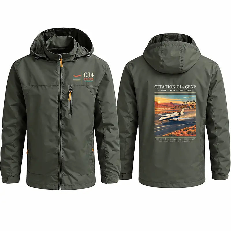 Cessna Citation CJ4 Gen2 Stylish Jackets - Hooded Windbreaker - Poster - Olive Green