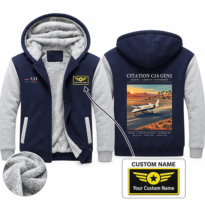 Cessna Citation CJ4 Gen2 Zipped Sweatshirts - Poster + Name - Navy & Gray