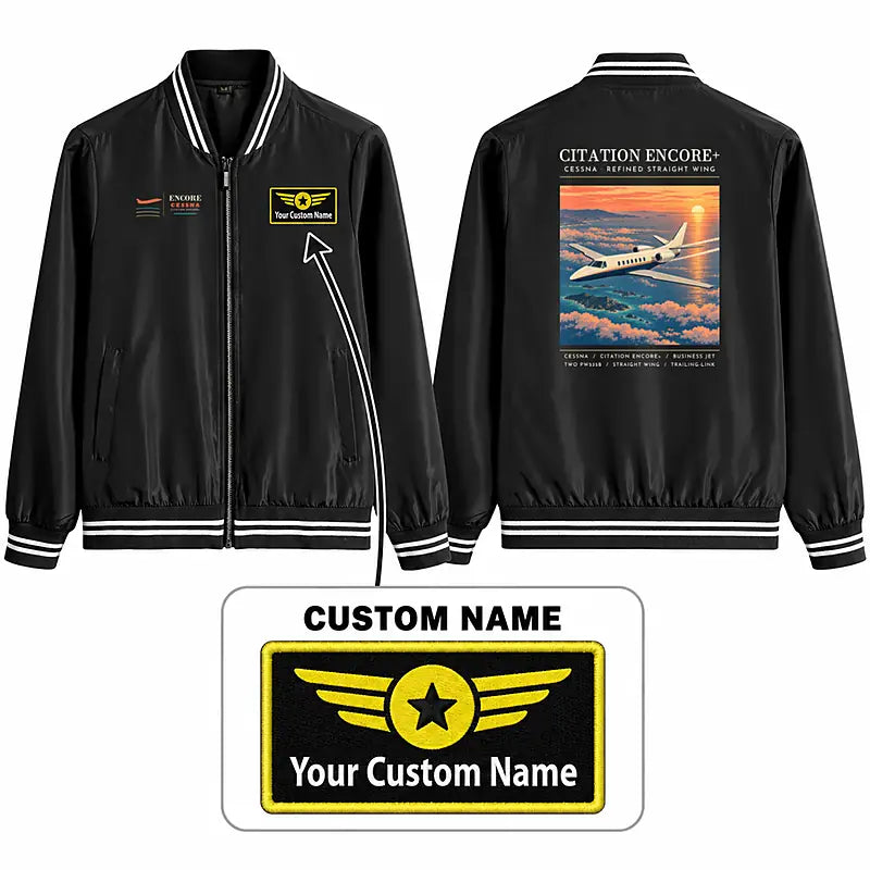 Cessna Citation Encore+ Stylish Jackets - Baseball Collar - Poster + Name - Black