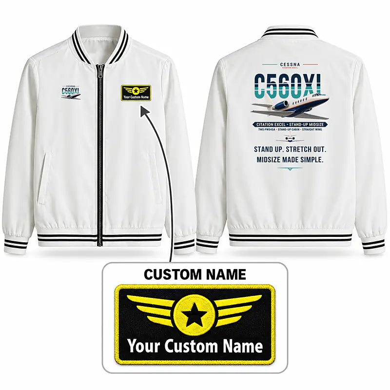 Cessna Citation Excel Stylish Jackets - Baseball Collar - Original + Name - White