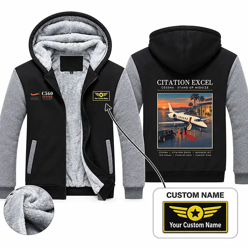 Cessna Citation Excel Zipped Sweatshirts - Poster + Name - Black & Gray