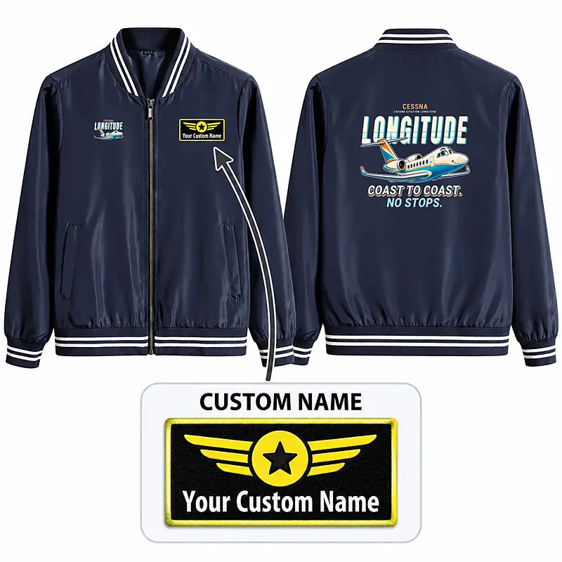 Cessna Citation Longitude Stylish Jackets - Baseball Collar - Cartoon + Name - Navy Blue