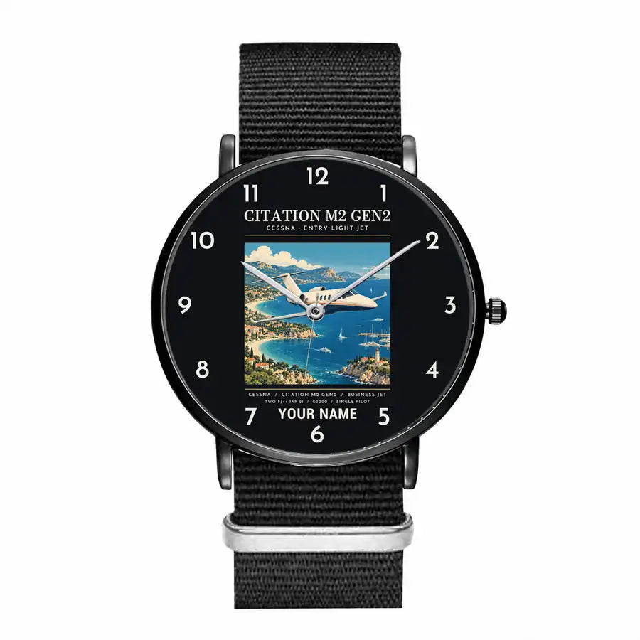 Cessna Citation M2 Gen2 - Poster + Name - Slim Leather - Black and Black Nylon Strap