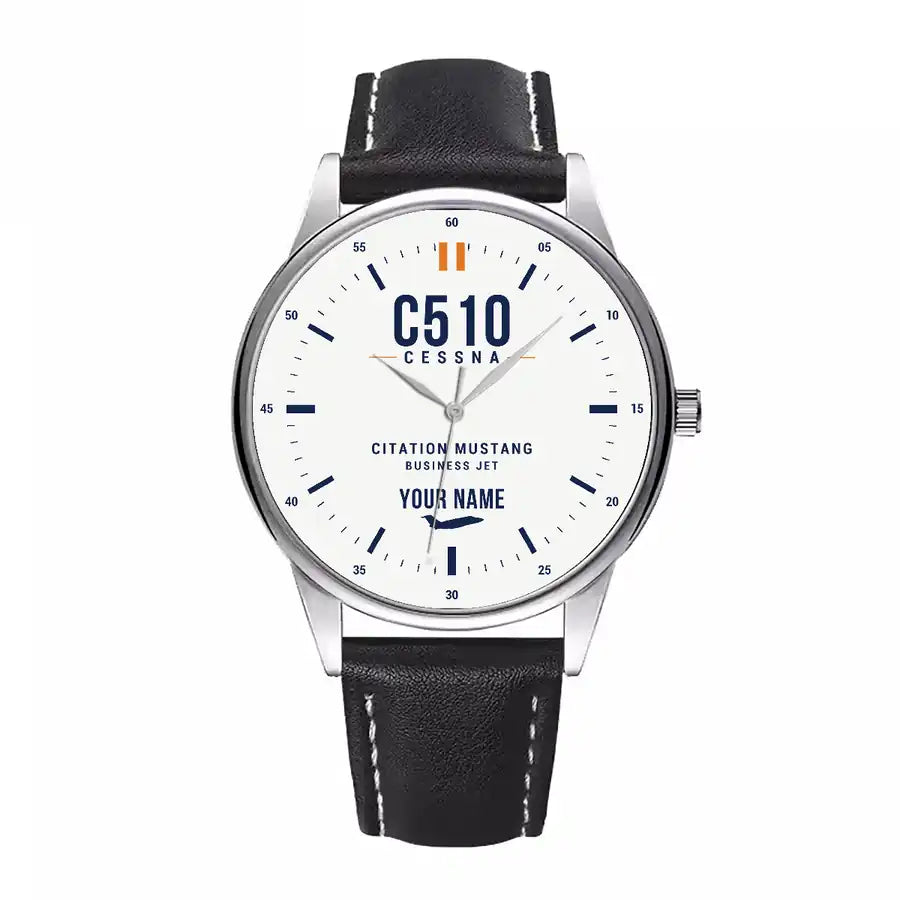 Cessna Citation Mustang - Classic - White + Name - Leather Strap - Black Leather Strap