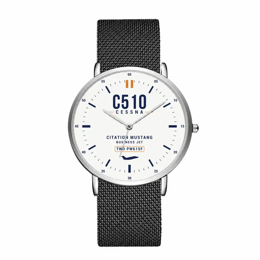 Cessna Citation Mustang - Classic - White - Slim Mesh - Silver and Black Stainless Steel Strap