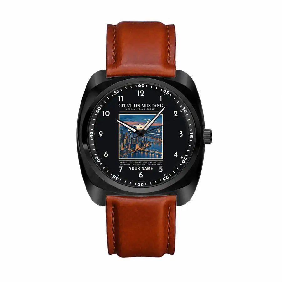 Cessna Citation Mustang - Poster + Name - Luxury Cushion - Black and Dark Brown Strap