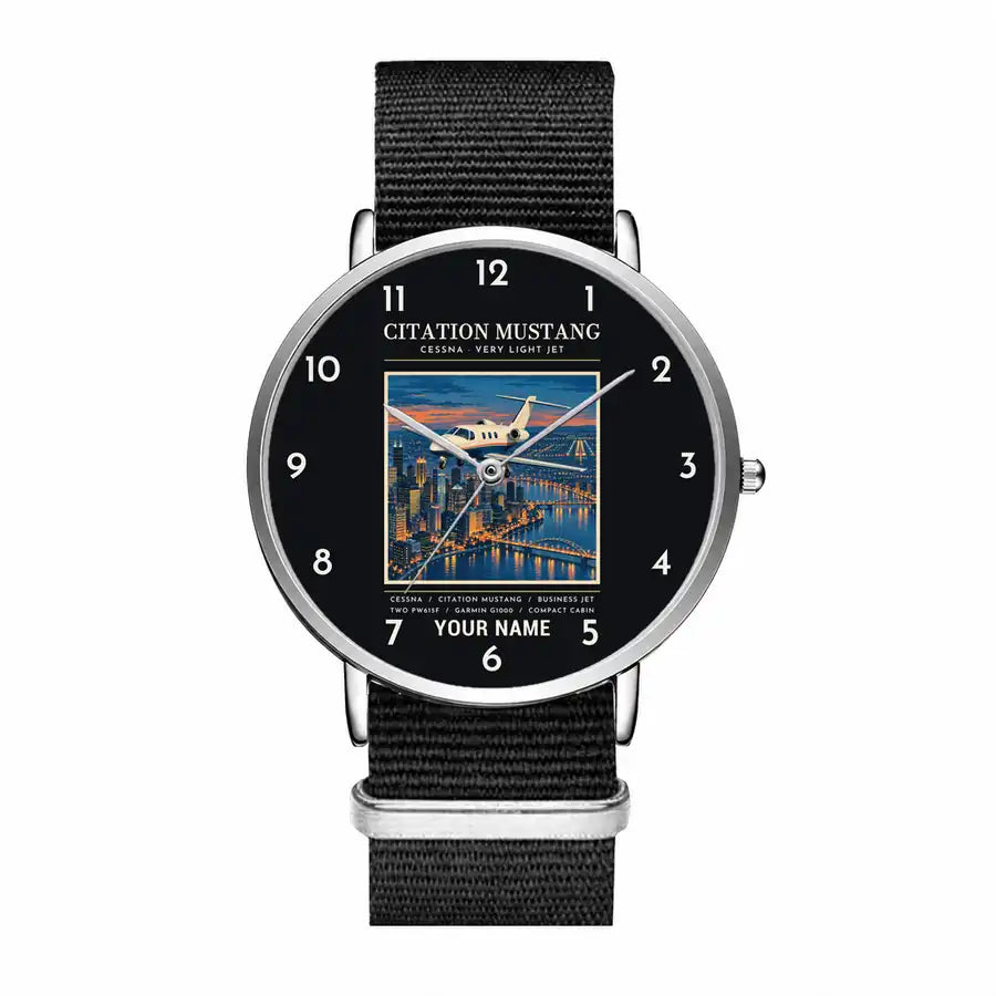 Cessna Citation Mustang - Poster + Name - Slim Leather - Silver and Black Nylon Strap