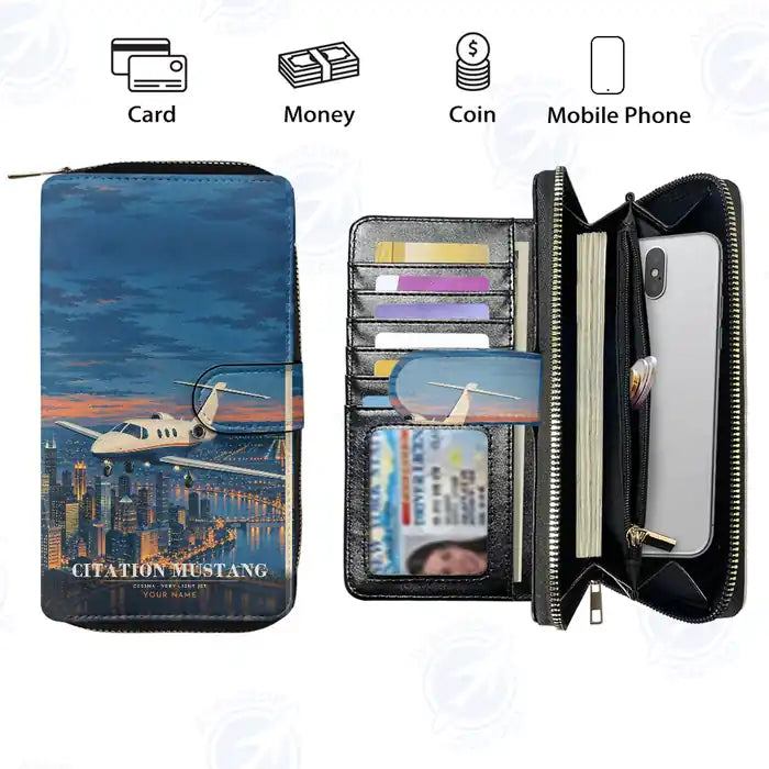 Cessna Citation Mustang Leather Wallets - Zip Long Wallet - 3D + Name