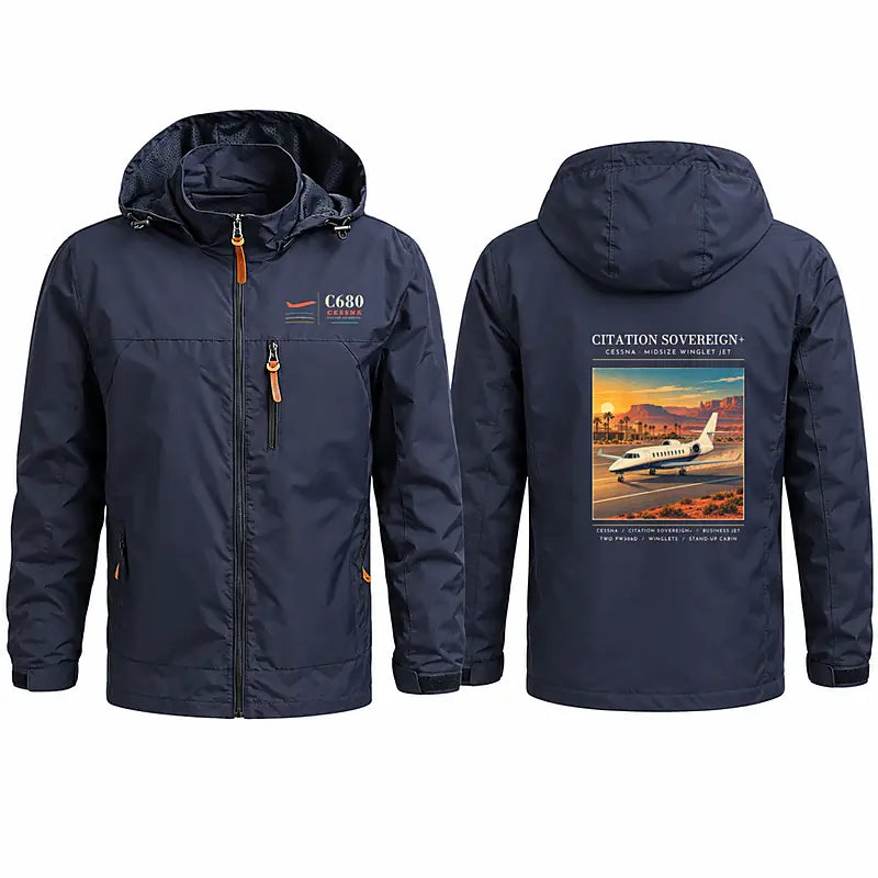Cessna Citation Sovereign+ Stylish Jackets - Hooded Windbreaker - Poster - Navy Blue