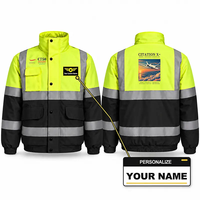 Cessna Citation X+ Reflective Winter Jackets - Poster + Name - Fluorescent Yellow & Navy