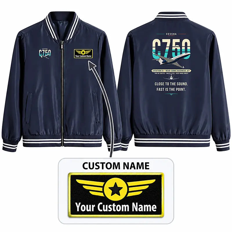 Cessna Citation X+ Stylish Jackets - Baseball Collar - Original + Name - Navy Blue