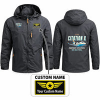 Thumbnail for Cessna Citation X+ Stylish Jackets - Hooded Windbreaker - Cartoon + Name - Charcoal