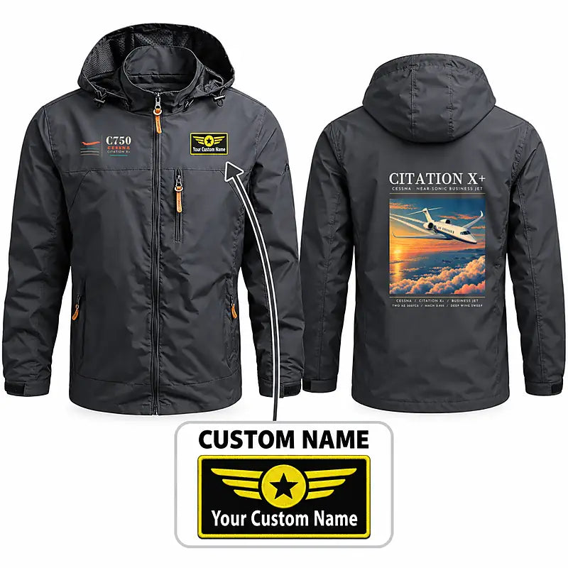 Cessna Citation X+ Stylish Jackets - Hooded Windbreaker - Poster + Name - Charcoal