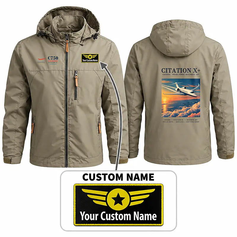 Cessna Citation X+ Stylish Jackets - Hooded Windbreaker - Poster + Name - Khaki