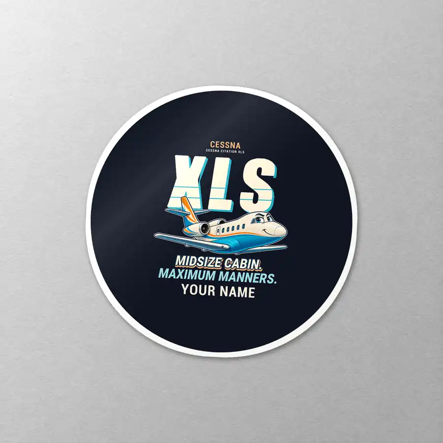 Cessna Citation XLS - Cartoon + Name - Circle Sticker - Close-up