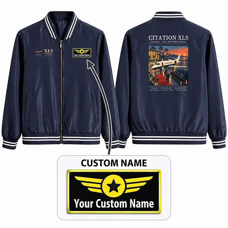 Cessna Citation XLS Stylish Jackets - Baseball Collar - Poster + Name - Navy Blue