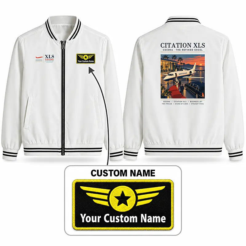 Cessna Citation XLS Stylish Jackets - Baseball Collar - Poster + Name - White