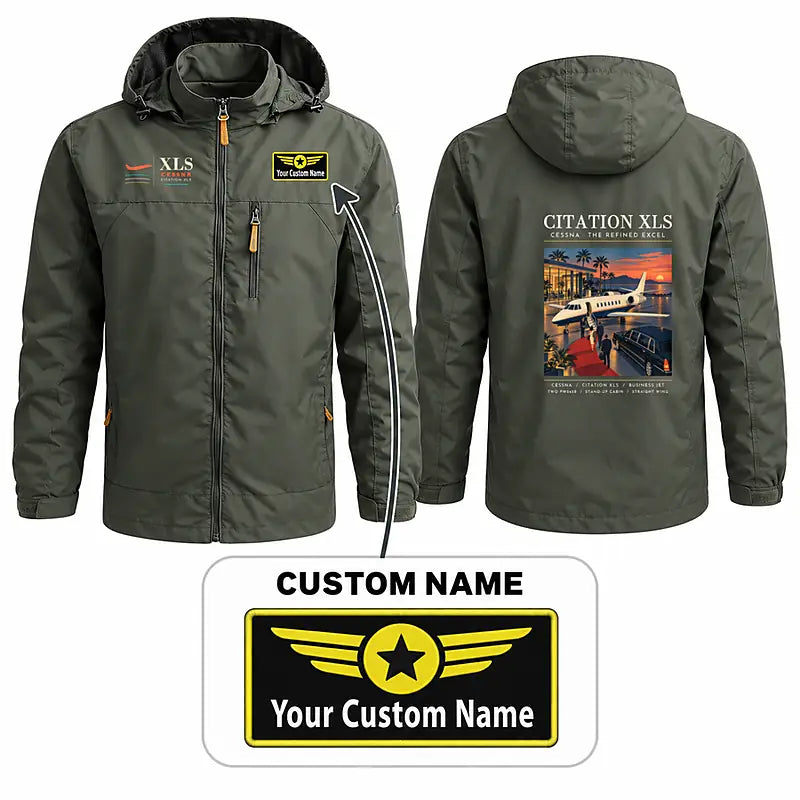Cessna Citation XLS Stylish Jackets - Hooded Windbreaker - Poster + Name - Olive Green