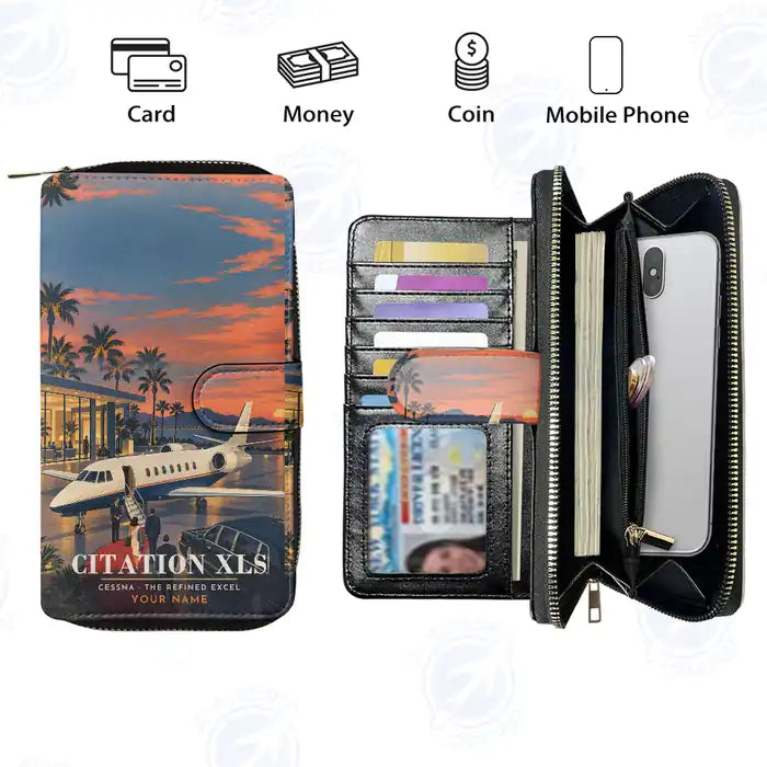 Cessna Citation XLS Leather Wallets - Zip Long Wallet - 3D + Name