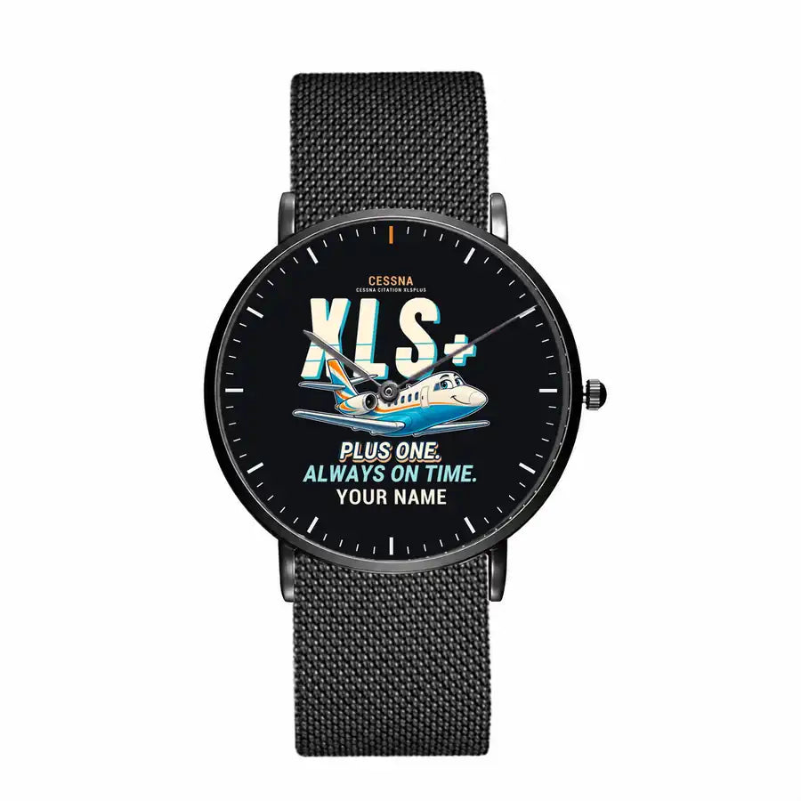 Cessna Citation XLSPlus - Cartoon + Name - Slim Mesh - Black and Stainless Steel Strap