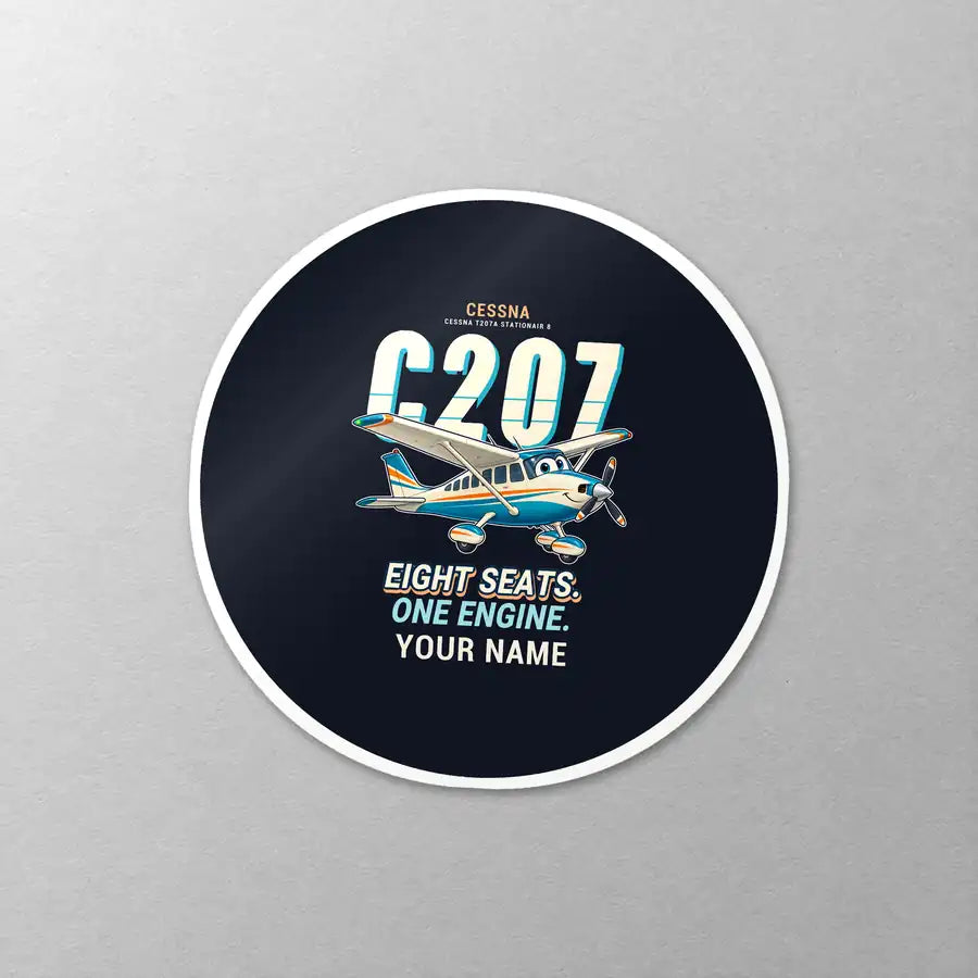 Cessna T207A Stationair 8 - Cartoon + Name - Circle Sticker - Close-up