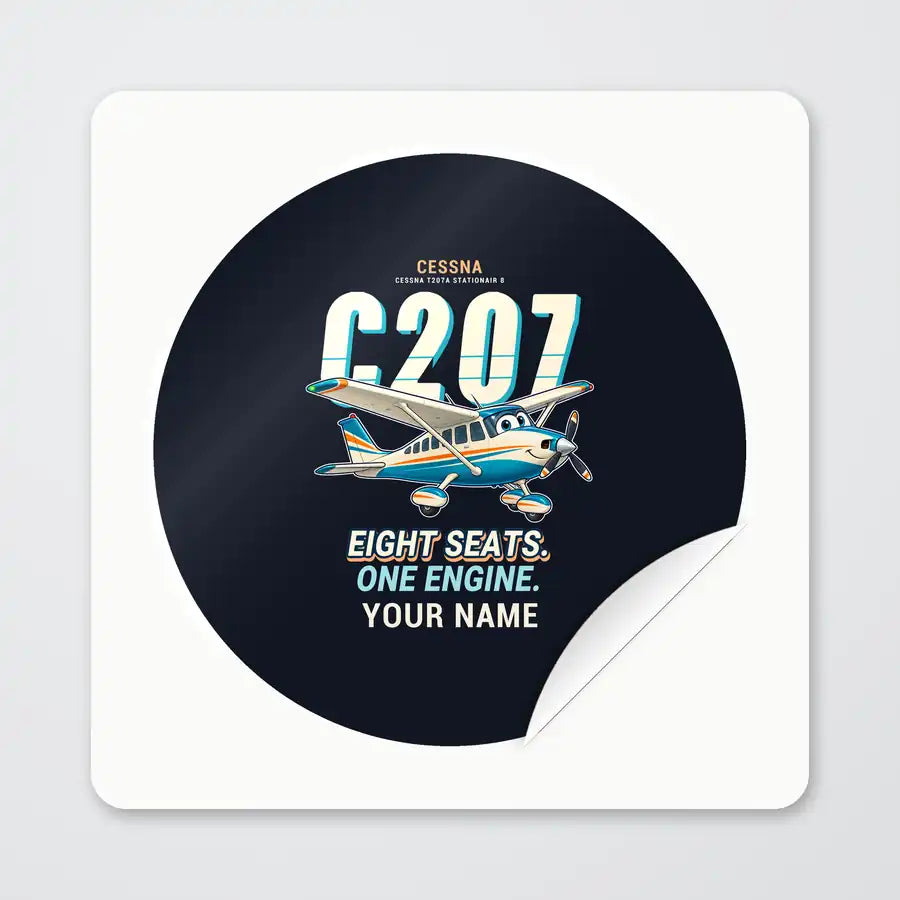 Cessna T207A Stationair 8 - Cartoon + Name - Circle Sticker - Peel