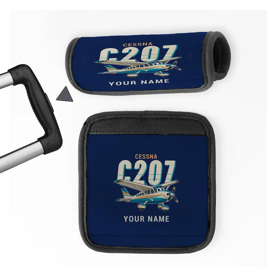 Cessna T207A Stationair 8 - Cartoon + Name - Luggage Handle Cover - Dark Blue