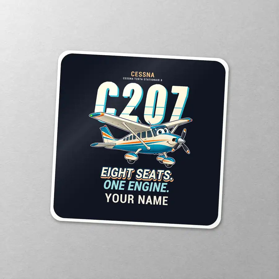 Cessna T207A Stationair 8 - Cartoon + Name - Square Sticker - Close-up