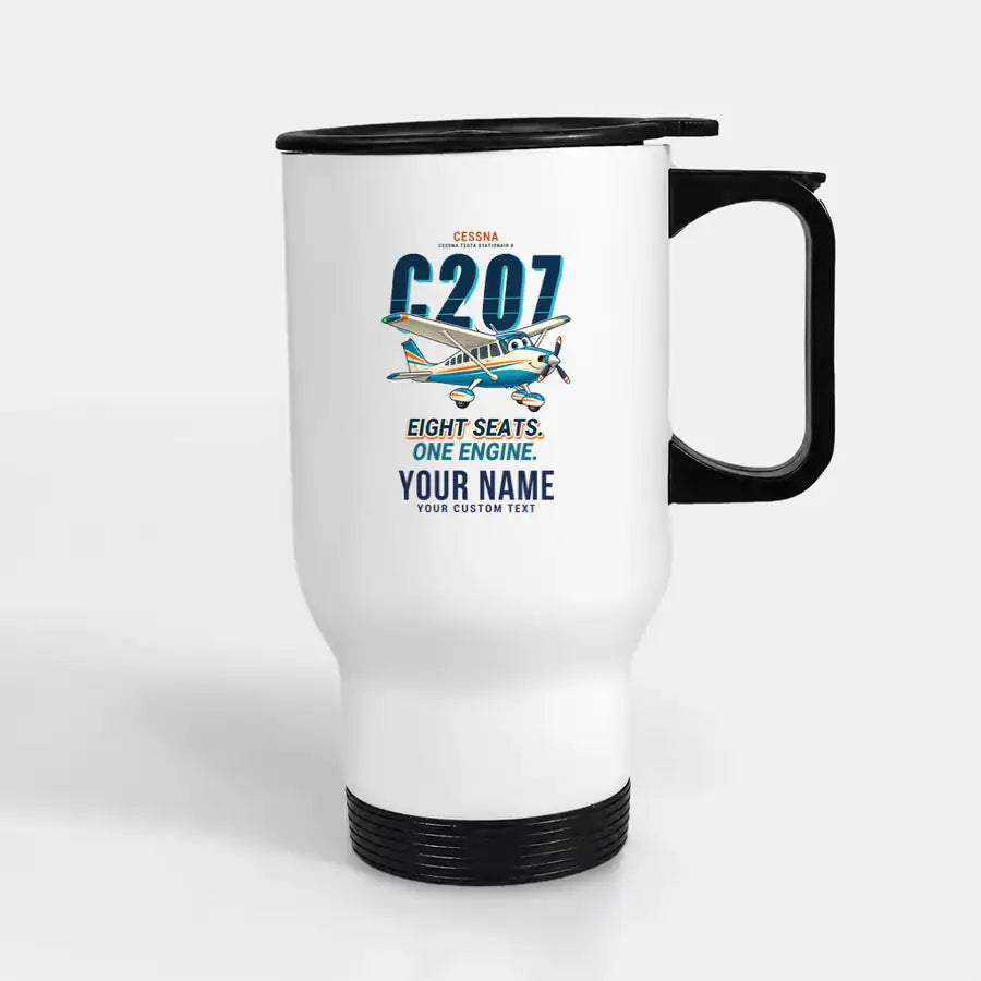 Cessna T207A Stationair 8 - Cartoon + Name - Stainless Steel with Holder - White