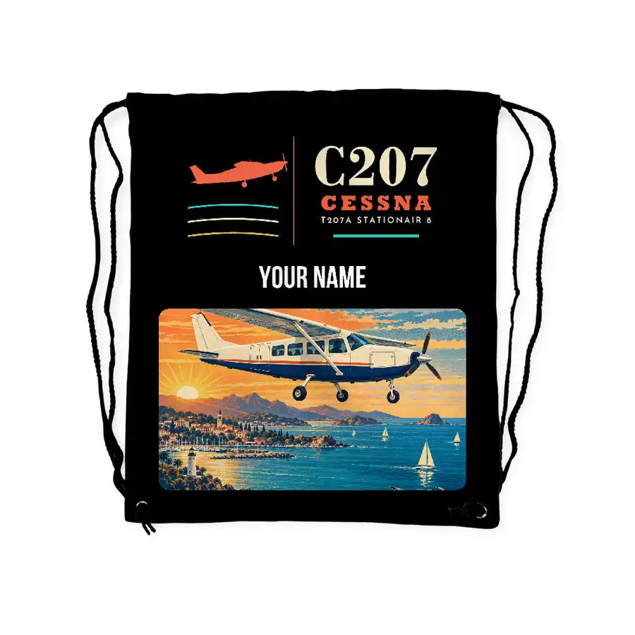 Cessna T207A Stationair 8 - Drawstring Bag - Classic + Name - Black