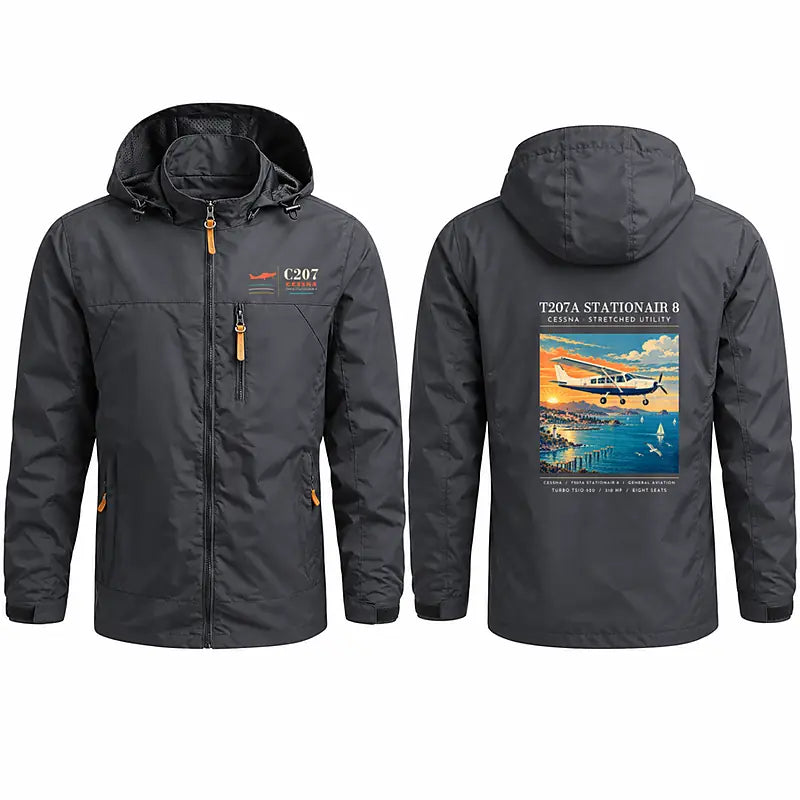 Cessna T207A Stationair 8 Stylish Jackets - Hooded Windbreaker - Poster - Charcoal