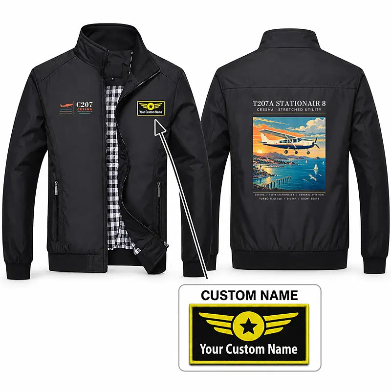 Cessna T207A Stationair 8 Stylish Jackets - Stand Collar - Poster + Name - Black