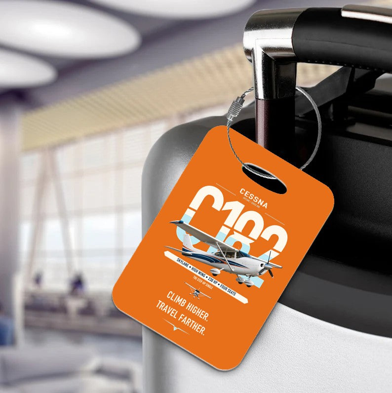 Cessna 182 Skylane design on orange acrylic luggage tags, double-side print