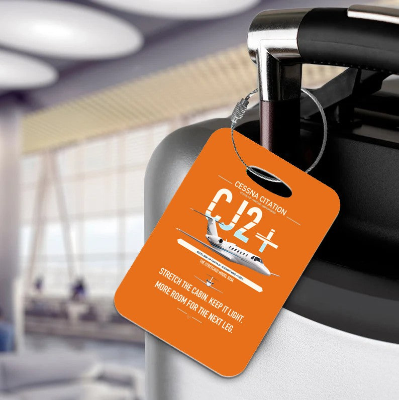 Cessna Citation CJ2+ design on orange acrylic luggage tags, double-side print