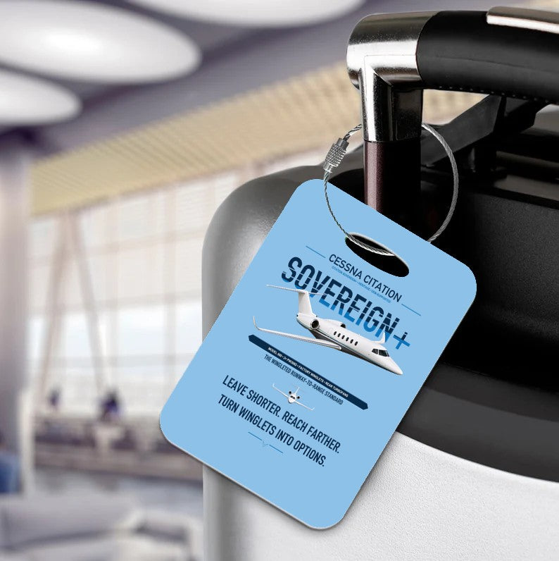 Cessna Citation Sovereign+ design on light blue acrylic luggage tags, double-side print