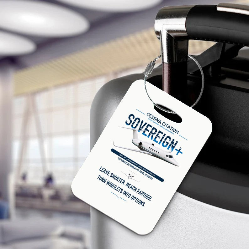 Cessna Citation Sovereign+ design on white acrylic luggage tags, double-side print