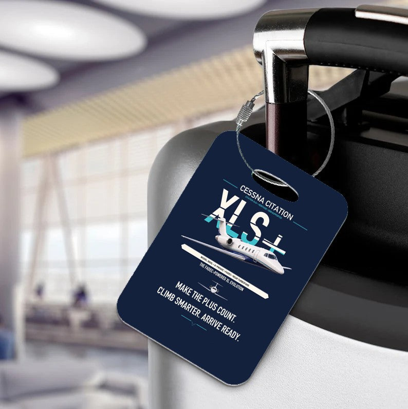 Cessna Citation XLSPlus design on navy blue acrylic luggage tags, double-side print