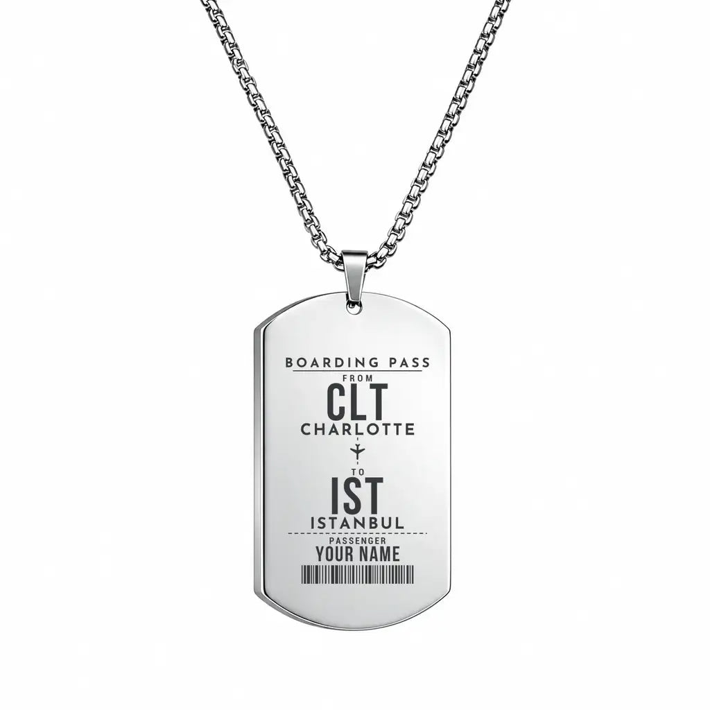 Charlotte Douglas International Airport CLT - Necklace - Customizable Boarding Pass - Silver