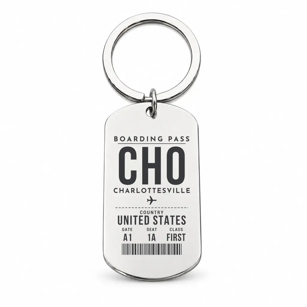 Charlottesville–Albemarle Airport CHO - Key Chain - Boarding Pass Style - Silver