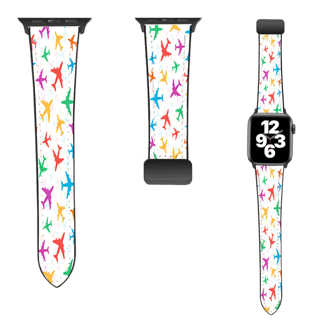 Cheerful Seamless Airplanes Designed Leather Apple Watch Straps