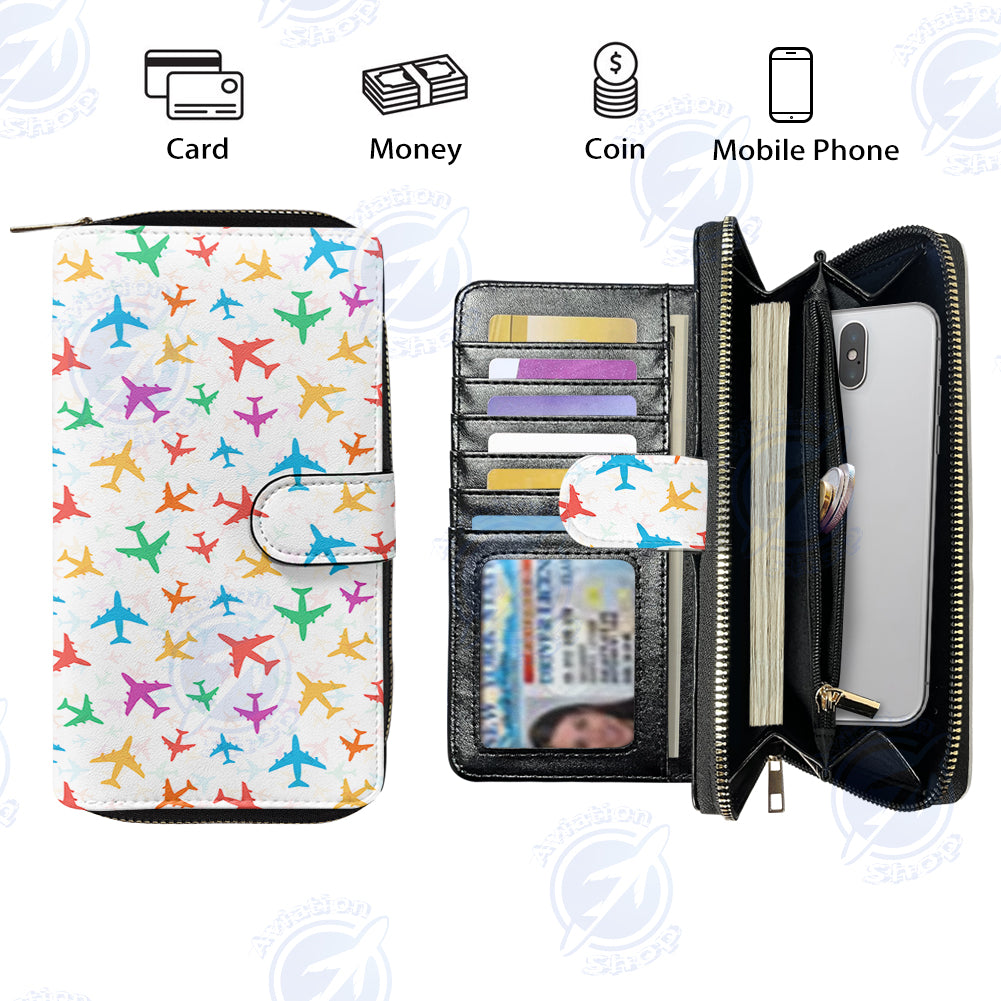 Cheerful Seamless Airplanes Designed Leather Long Zipper Wallets