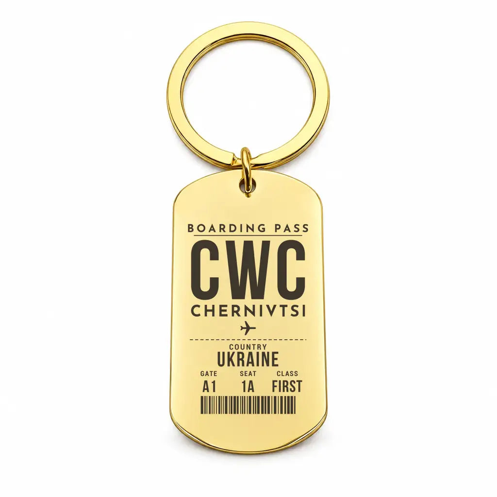Chernivtsi International Airport CWC - Key Chain - Boarding Pass Style - Gold