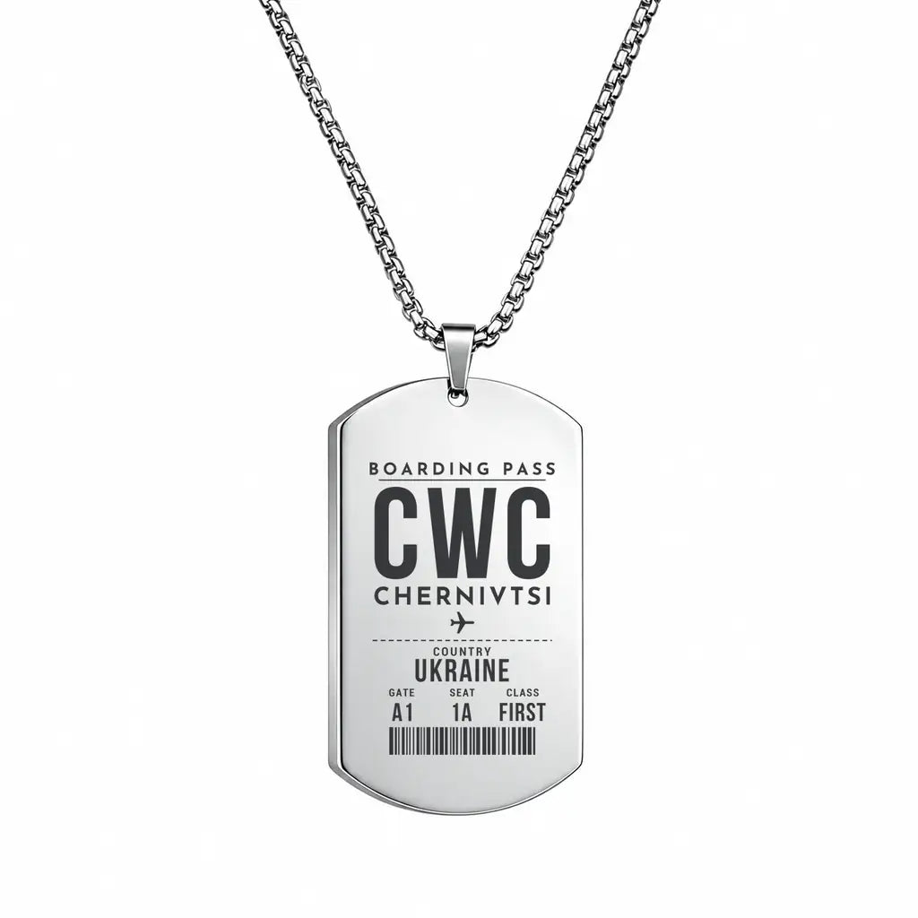 Chernivtsi International Airport CWC - Necklace - Boarding Pass Style - Silver