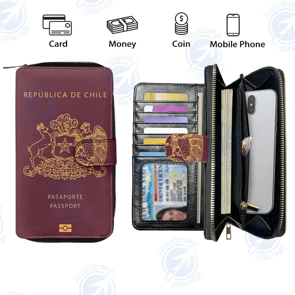 Chile Passport Designed Leather Long Zipper Wallets