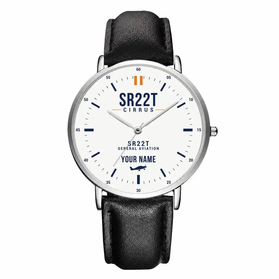 Cirrus SR22T - Classic - White + Name - Slim Leather - Silver and Black Leather Strap