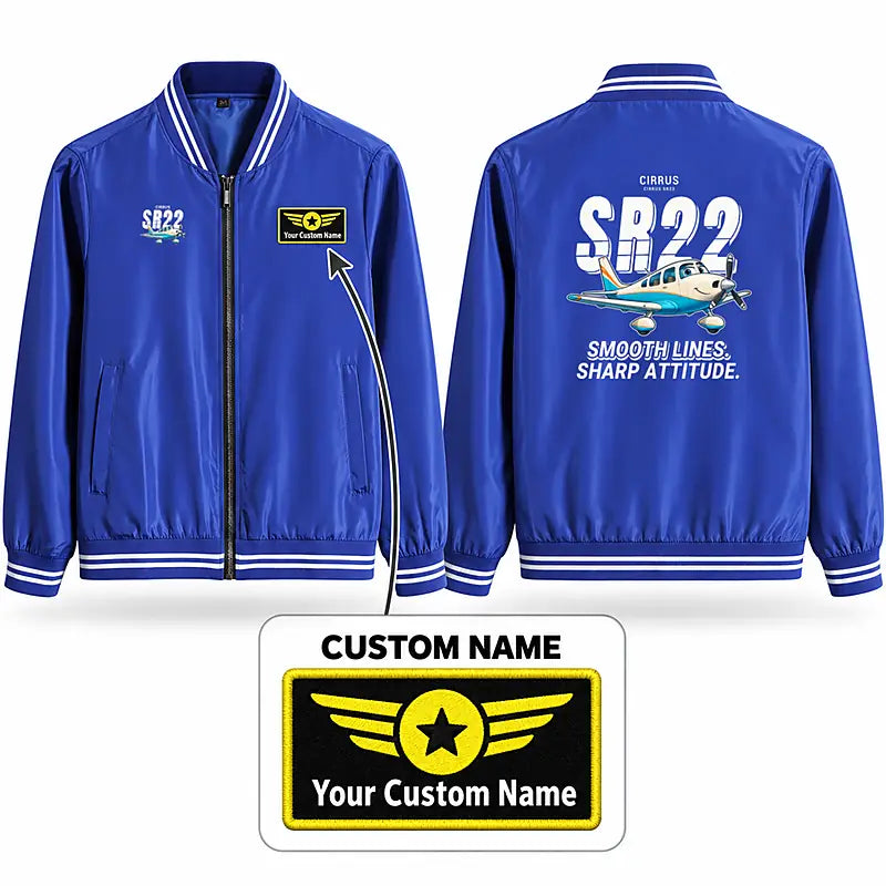 Cirrus SR22T Stylish Jackets - Baseball Collar - Cartoon + Name - Royal Blue