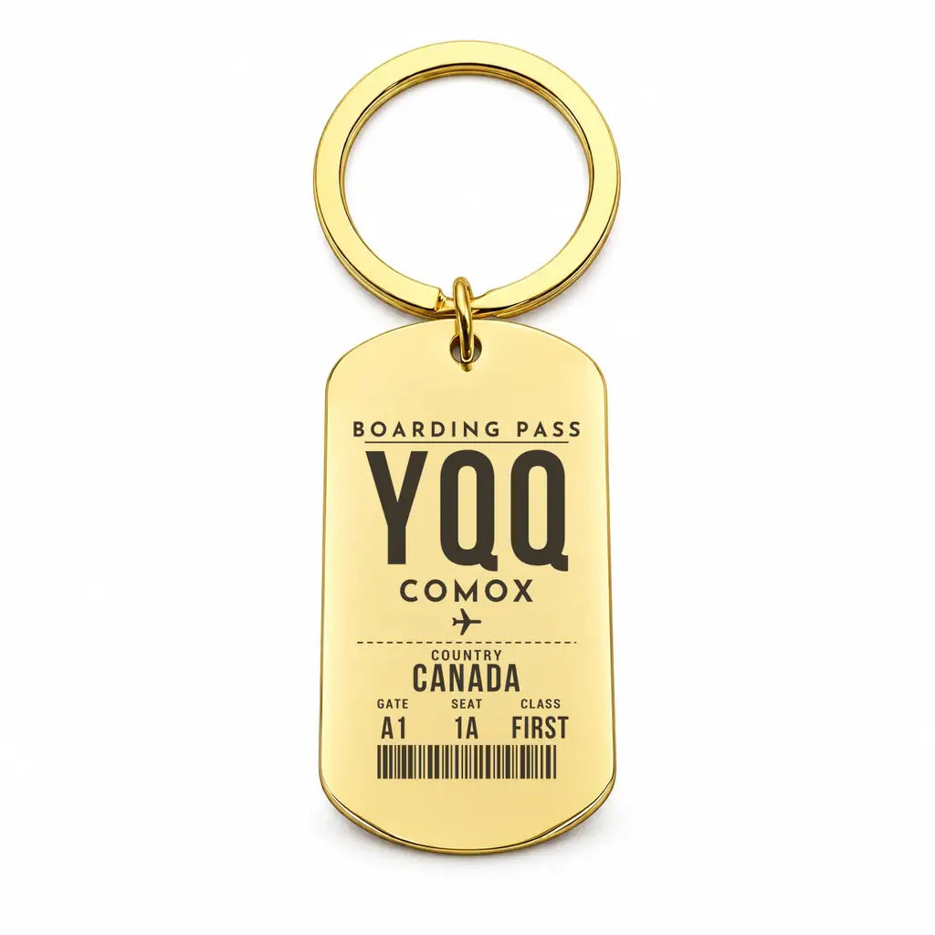 Comox Valley Airport YQQ - Key Chain - Boarding Pass Style - Gold