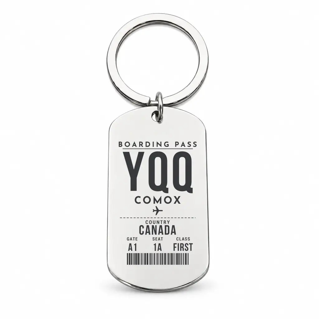 Comox Valley Airport YQQ - Key Chain - Boarding Pass Style - Silver
