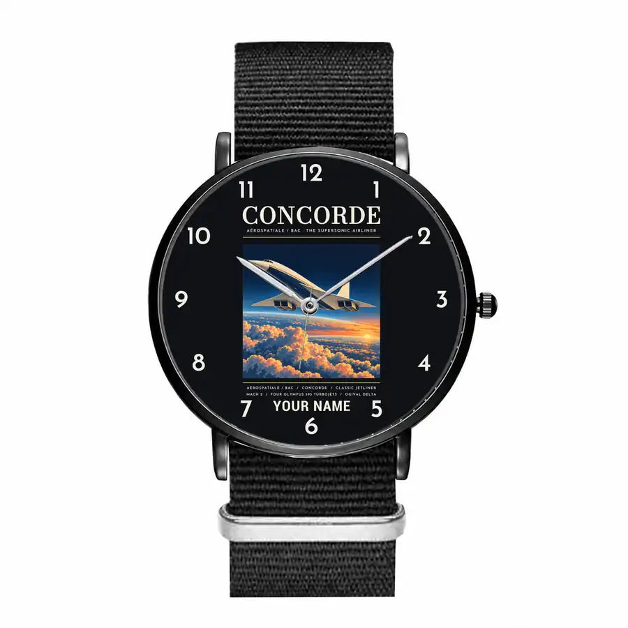 Concorde - Poster + Name - Slim Leather - Black and Black Nylon Strap