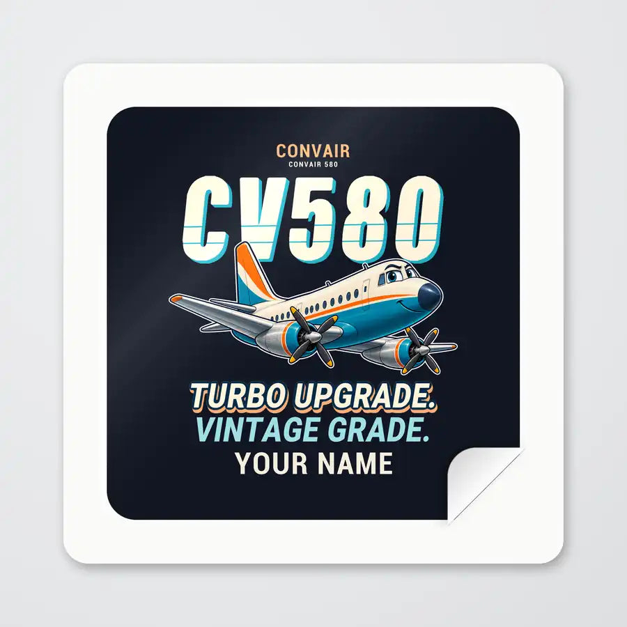 Convair 580 - Cartoon + Name - Square Sticker - Peel